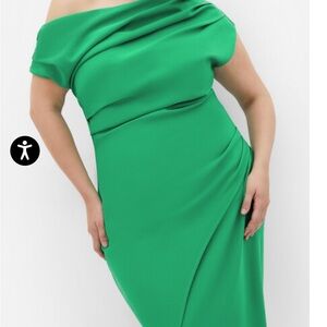 City Chic Green One Shoulder Ruched Cocktail Dress